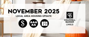 November 2025 Local Area Housing Update banner with icons for real-estate prices, homes, and market stats, alongside the Coldwell Banker Lingle logo on a cozy autumn interior with pumpkins.